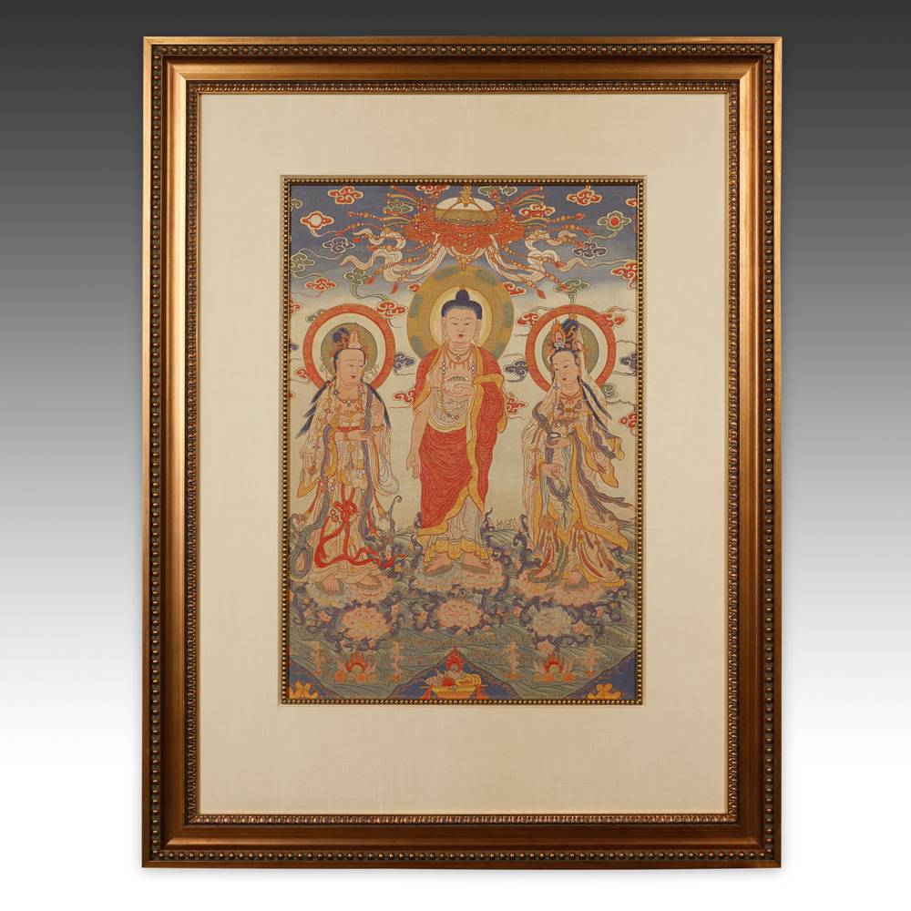 Thangka Depicting Buddha Shakyamuni with Taras, Framed