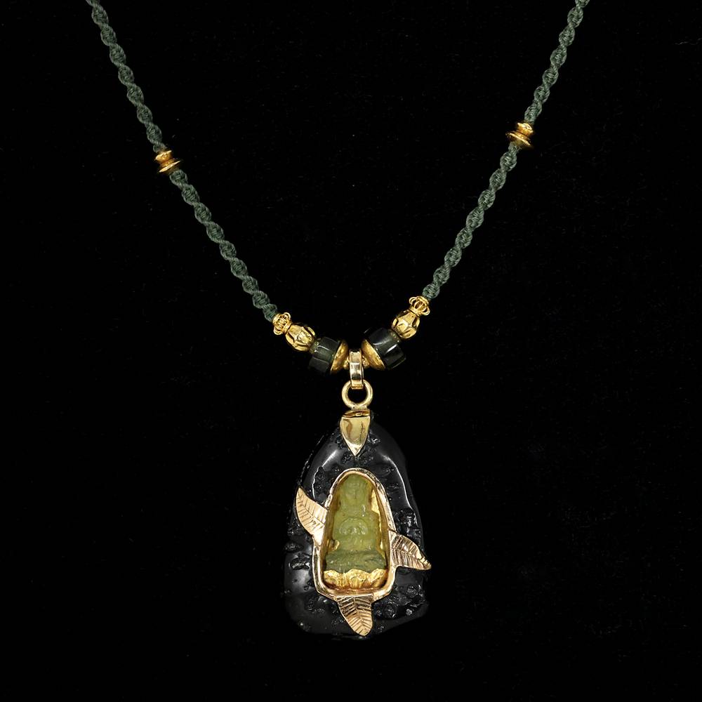 Necklace with Buddha pendant and Ostrich pouch