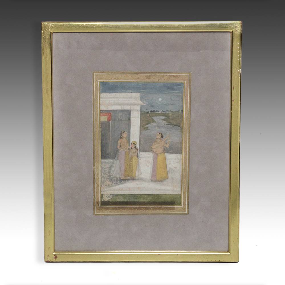 Miniature Painting Depicting Mother & Daughter with Musical Attendant, Framed