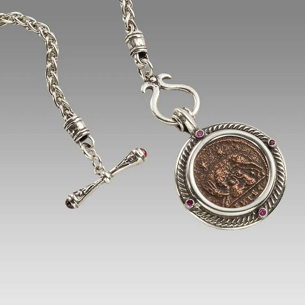 Constantine I Bronze Coin set in Silver Necklace w/ Rubies
Emperor Facing | Romulus & Remus in Reverse